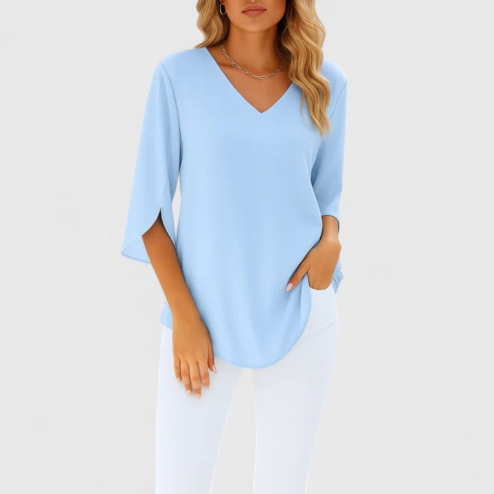 Violetta™ | Sophisticated V-Neck Blouse with Split Sleeves