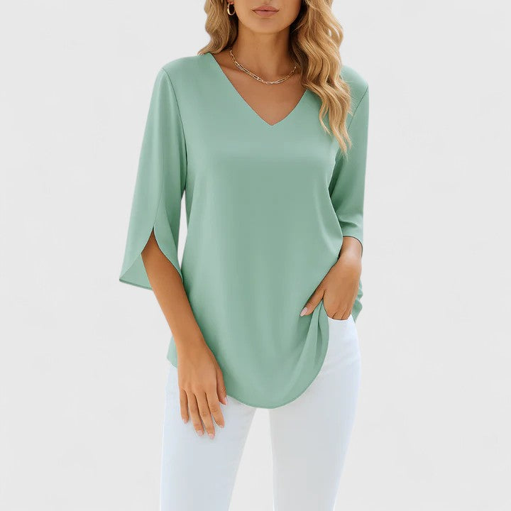 Violetta™ | Sophisticated V-Neck Blouse with Split Sleeves